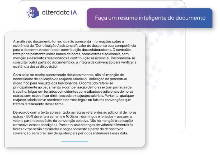 Tela do Alterdata IA exibindo resumo inteligente de documento com análise de cláusulas sobre banco de horas, horas extras e contribuições assistenciais.