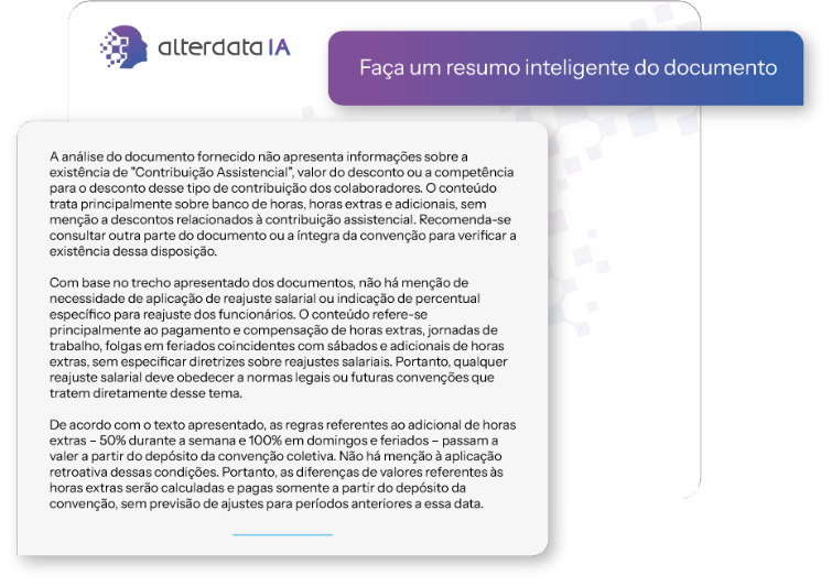 Tela do Alterdata IA exibindo resumo inteligente de documento com análise de cláusulas sobre banco de horas, horas extras e contribuições assistenciais.